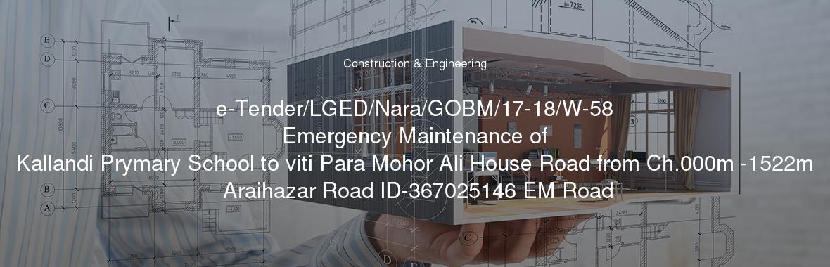 e-Tender/LGED/Nara/GOBM/17-18/W-58
	Emergency Maintenance of Kallandi Prymary School to viti Para Mohor Ali House Road from Ch.000m -1522m Araihazar Road ID-367025146 EM Road