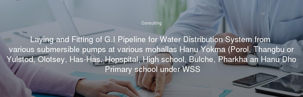 Laying and Fitting of G.I Pipeline for Water Distribution System from various submersible pumps at various mohallas Hanu Yokma (Porol, Thangbu or Yulstod, Olotsey, Has-Has, Hopspital, High school, Bulche, Pharkha an Hanu Dho Primary school under WSS